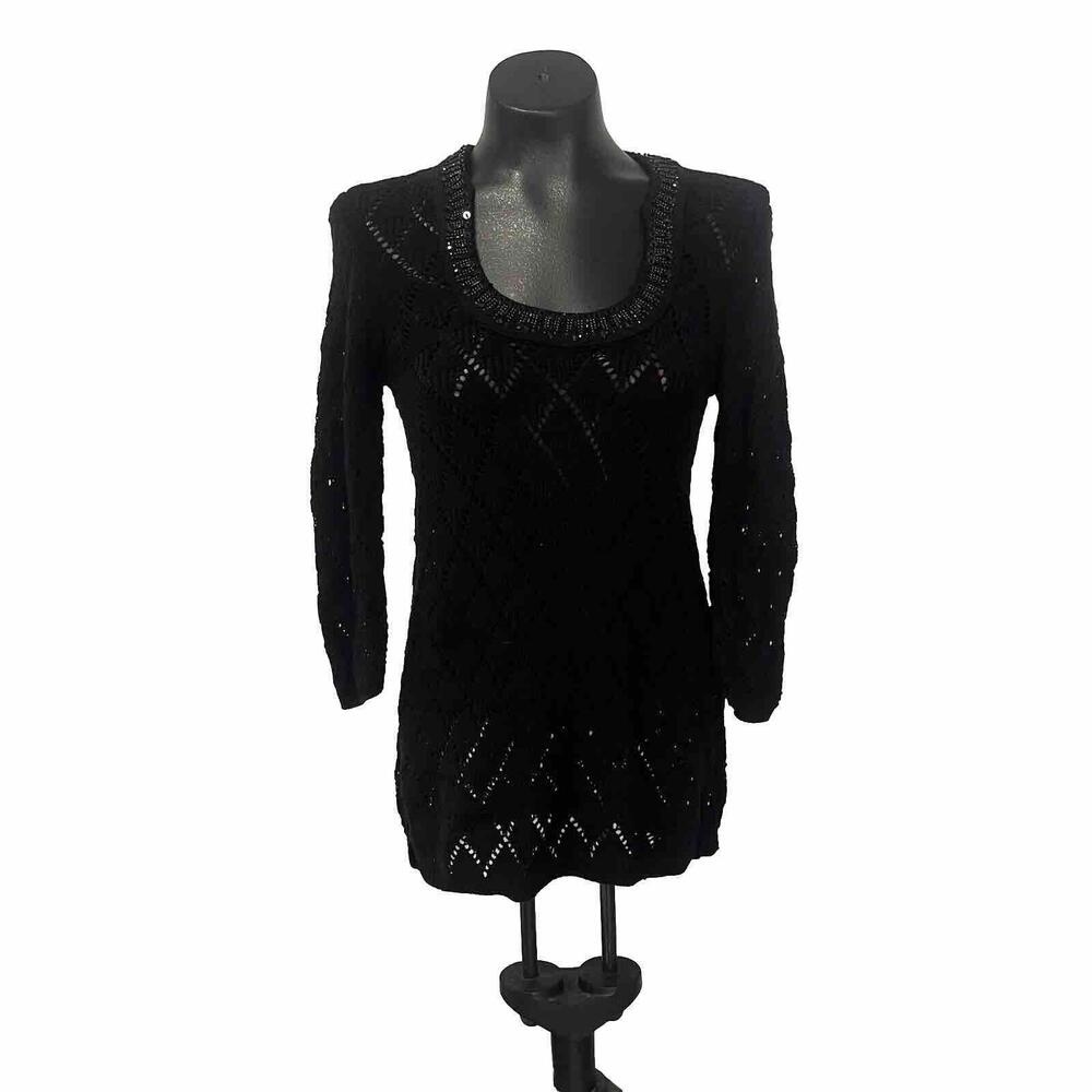White House Black Market Black 34 Sleeve Open Weave Scoop Neck Sweater Dress Sma